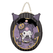Front view of Loungefly Sanrio Kuromi Cameo mini backpack with 3D ears, bow and purple cameo art.