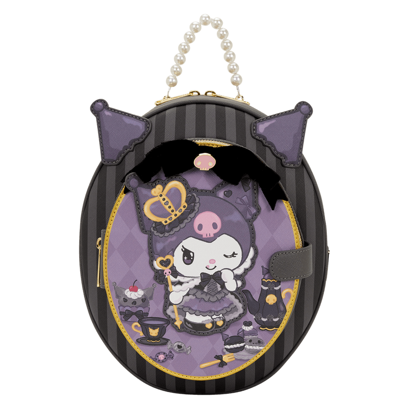 Front view of Loungefly Sanrio Kuromi Cameo mini backpack with 3D ears, bow and purple cameo art.