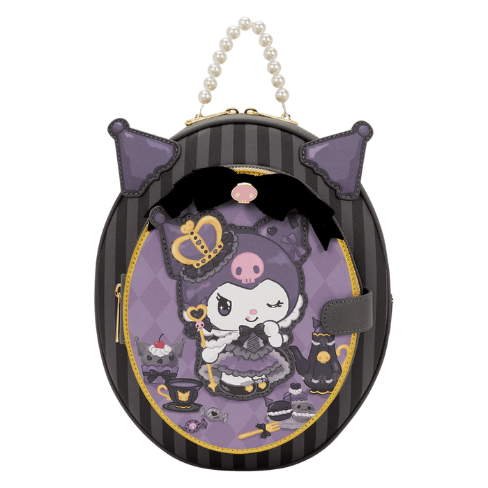 Front view of Loungefly Sanrio Kuromi Cameo mini backpack with 3D ears, bow and purple cameo art.