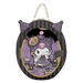 Front view of Loungefly Sanrio Kuromi Cameo mini backpack with 3D ears, bow and purple cameo art.