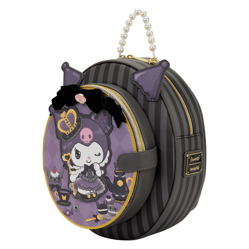 Loungefly Sanrio Kuromi Cameo mini backpack in grey stripes with purple applique and pearl handle, left angle.