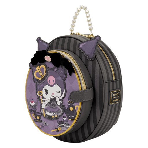 Loungefly Sanrio Kuromi Cameo mini backpack in grey stripes with purple applique and pearl handle, left angle.