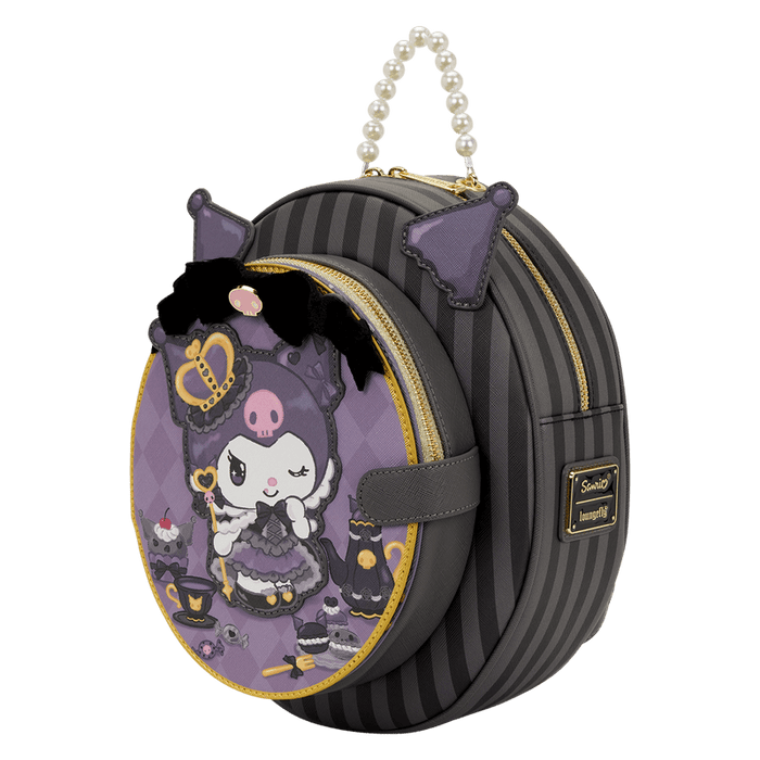 Loungefly Sanrio Kuromi Cameo mini backpack in grey stripes with purple applique and pearl handle, left angle.