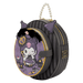 Loungefly Sanrio Kuromi Cameo mini backpack in grey stripes with purple applique and pearl handle, left angle.