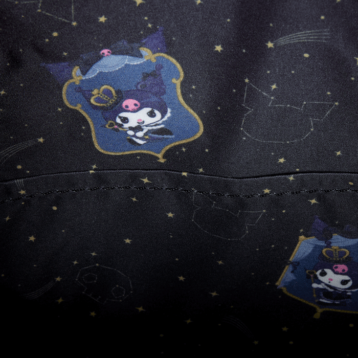 Printed black lining with Kuromi frames, skulls and stars inside Loungefly mini backpack.