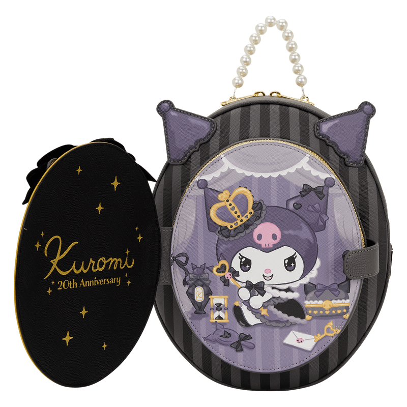Loungefly Kuromi Cameo backpack with removable front panel showing Kuromi 20th anniversary detail.
