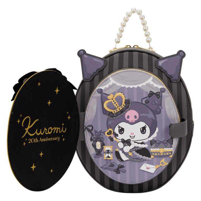 Loungefly Kuromi Cameo backpack with removable front panel showing Kuromi 20th anniversary detail.