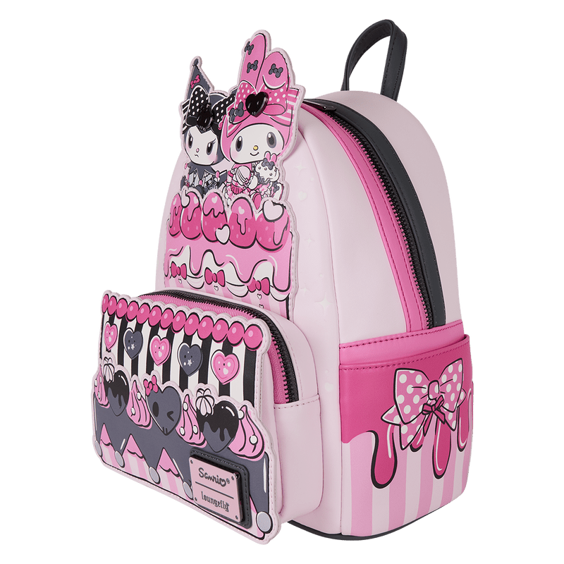 Left angle of Loungefly Sanrio My Melody & Kuromi cake mini backpack showing pink bow side pocket – Loungefly backpack

