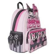 Right angle of Loungefly Sanrio My Melody & Kuromi cake backpack highlighting frosting drips and striped pocket – Loungefly bag
