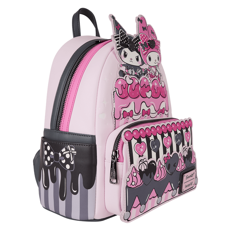Right angle of Loungefly Sanrio My Melody & Kuromi cake backpack highlighting frosting drips and striped pocket – Loungefly bag

