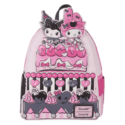Front view of Loungefly Sanrio My Melody & Kuromi cake-shaped mini backpack with pink icing, bows and hearts – Loungefly bag
