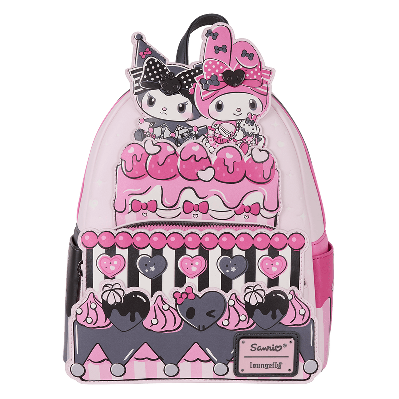 Front view of Loungefly Sanrio My Melody & Kuromi cake-shaped mini backpack with pink icing, bows and hearts – Loungefly bag
