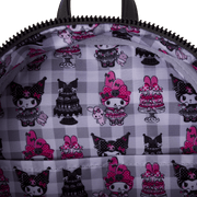 Close-up of grey gingham lining with My Melody, Kuromi and gothic cake print inside Loungefly bag
