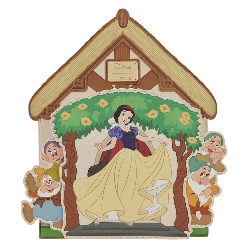 Loungefly Disney Snow White backpack detailed front with cottage and character design