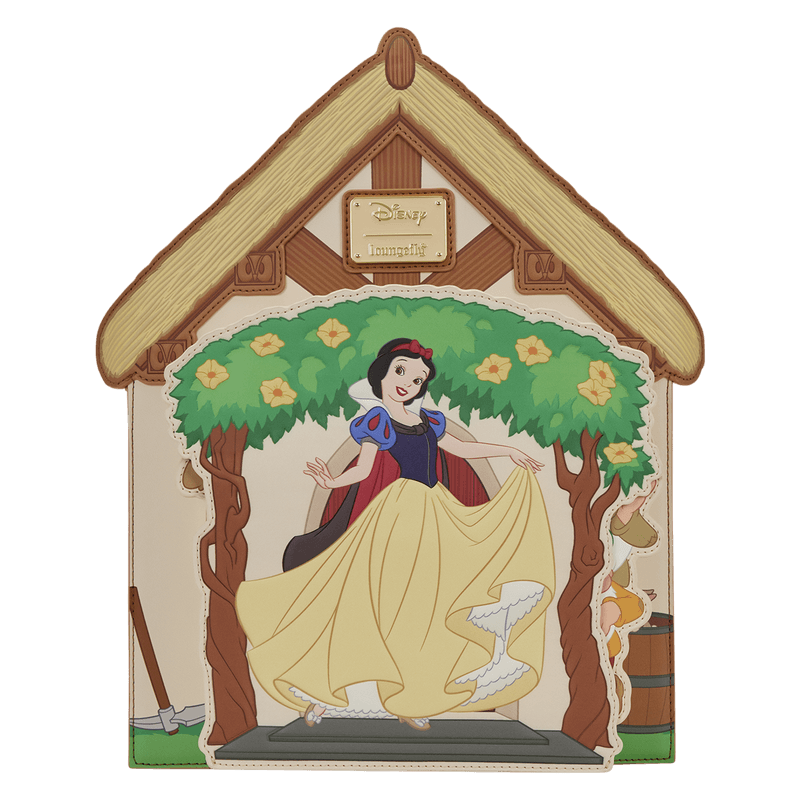 Loungefly Disney Snow White cottage mini backpack front view with Snow White and dwarfs