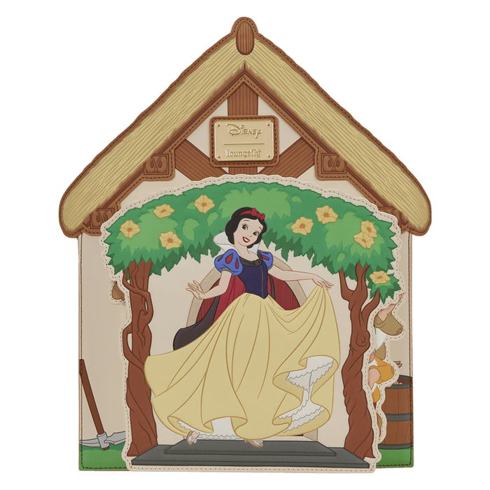 Loungefly Disney Snow White cottage mini backpack front view with Snow White and dwarfs