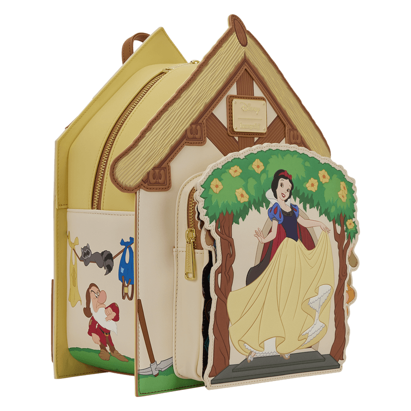 Loungefly Disney Snow White cottage backpack side view with dwarf illustrations