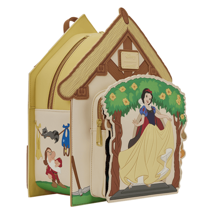 Loungefly Disney Snow White cottage backpack side view with dwarf illustrations