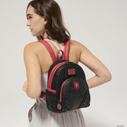 Model wearing the Loungefly Marvel Spider-Man web mini backpack
