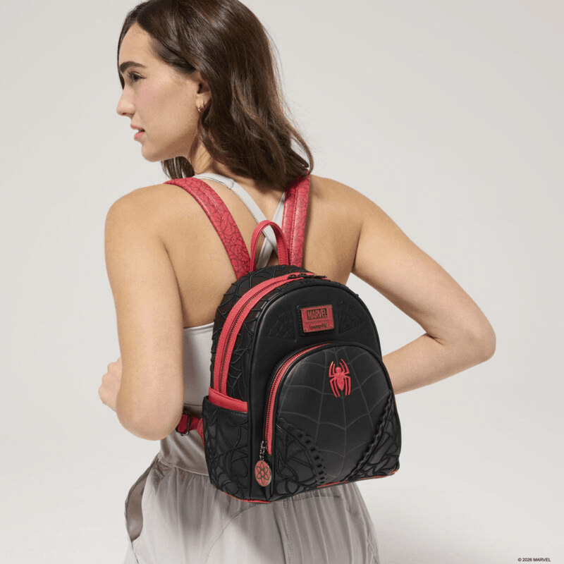 Model wearing the Loungefly Marvel Spider-Man web mini backpack