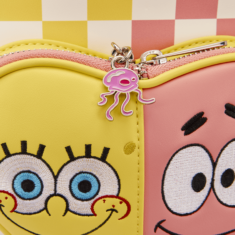 Close-up of Loungefly SpongeBob and Patrick checkered backpack with jellyfish zip charm