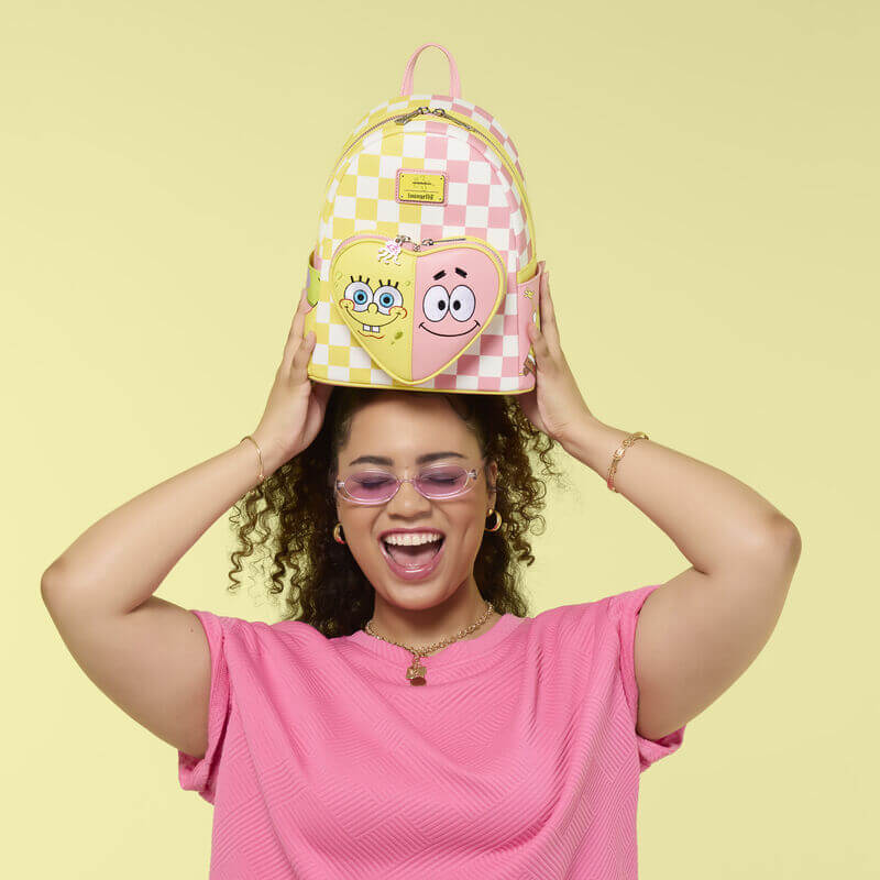 Model holding Loungefly SpongeBob and Patrick checkered mini backpack