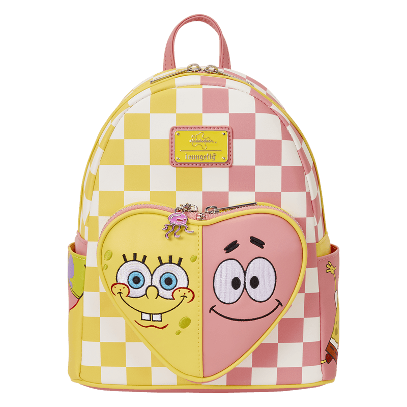 Front view of Loungefly SpongeBob and Patrick checkered mini backpack