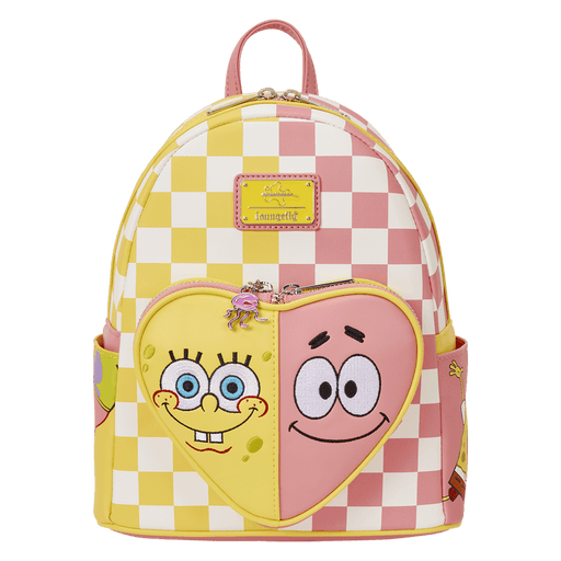 Front view of Loungefly SpongeBob and Patrick checkered mini backpack