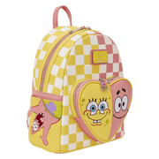 Side view of Loungefly SpongeBob and Patrick checkered mini backpack with character pocket detail