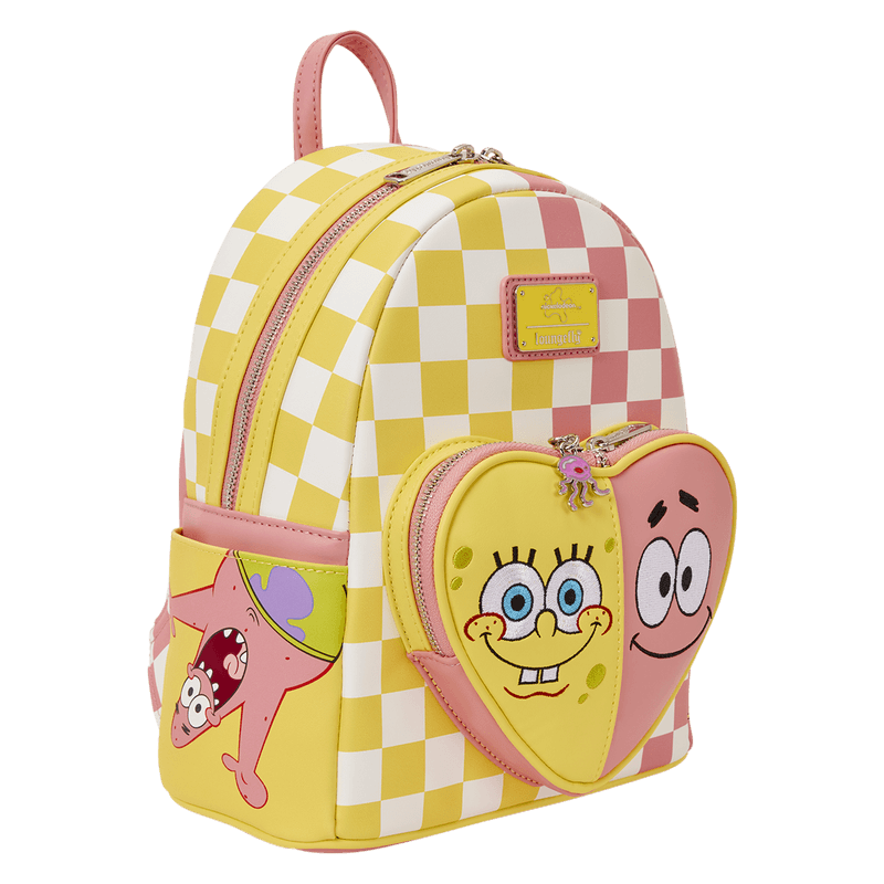 Side view of Loungefly SpongeBob and Patrick checkered mini backpack with character pocket detail