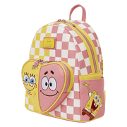 Angled view of Loungefly SpongeBob and Patrick checkered mini backpack with SpongeBob side pocket