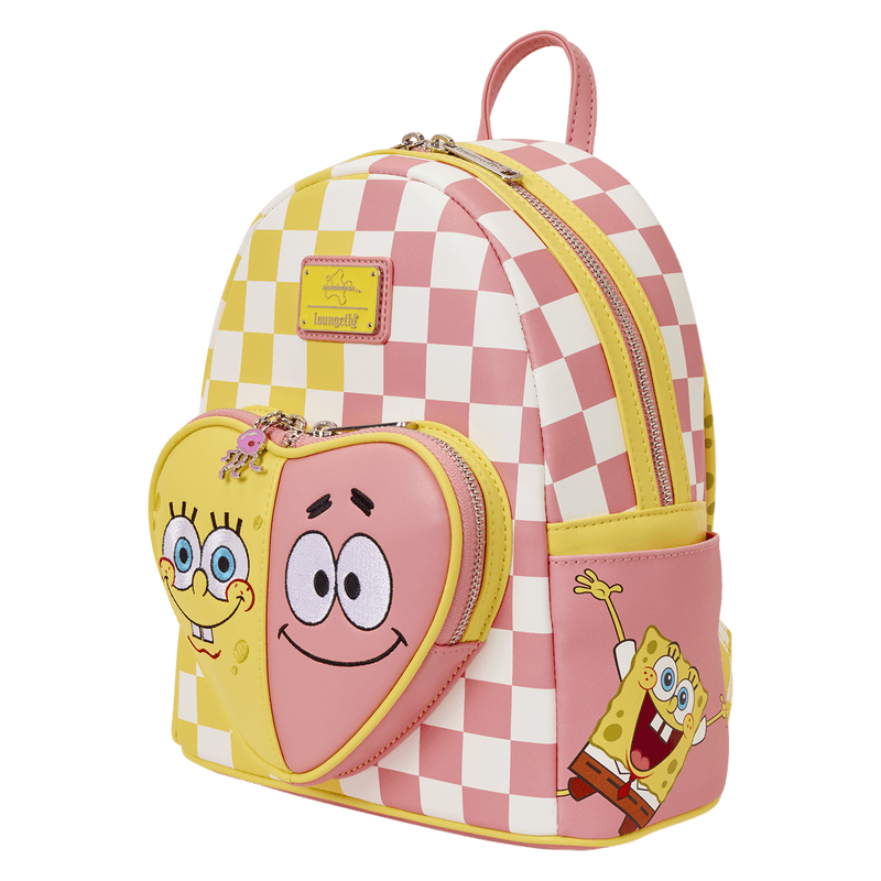 Angled view of Loungefly SpongeBob and Patrick checkered mini backpack with SpongeBob side pocket