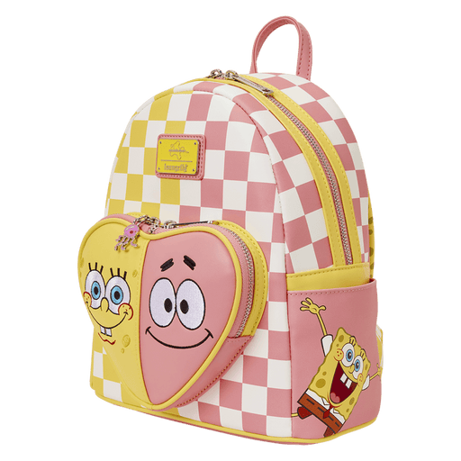 Angled view of Loungefly SpongeBob and Patrick checkered mini backpack with SpongeBob side pocket