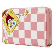 Angled view of Loungefly SpongeBob and Patrick checkered wallet with pink zip detail
