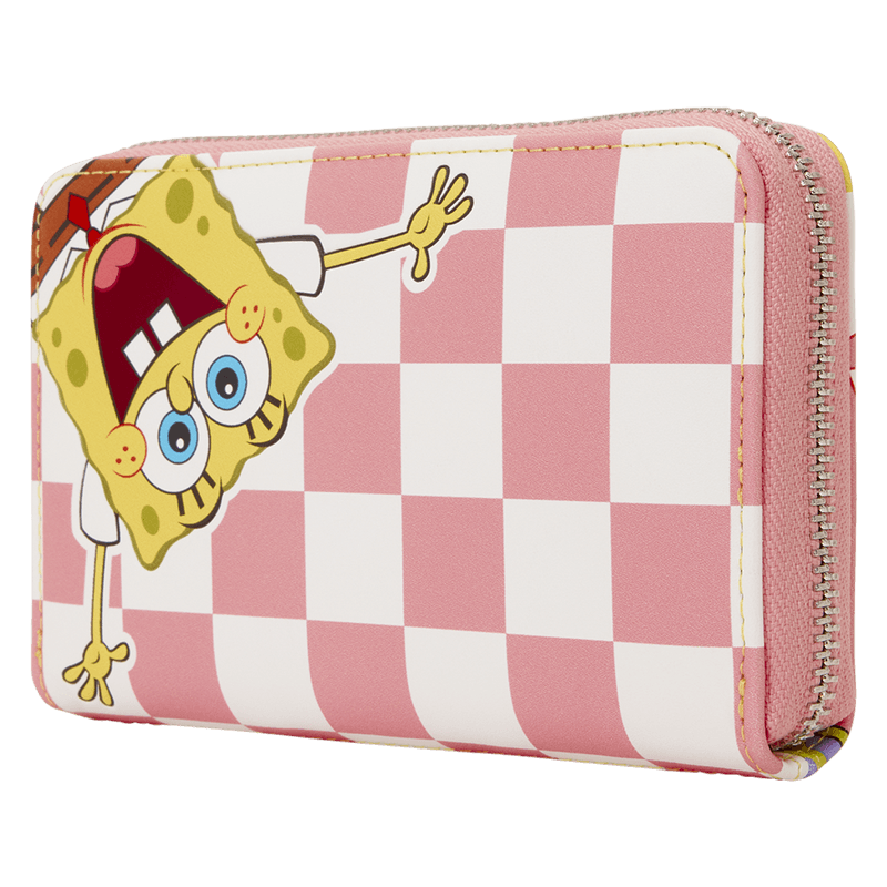 Angled view of Loungefly SpongeBob and Patrick checkered wallet with pink zip detail