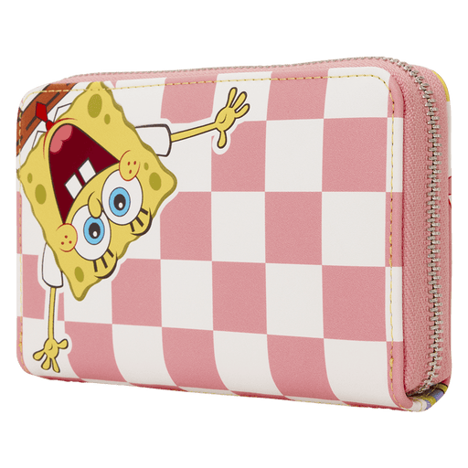 Angled view of Loungefly SpongeBob and Patrick checkered wallet with pink zip detail