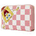 Angled view of Loungefly SpongeBob and Patrick checkered wallet with pink zip detail