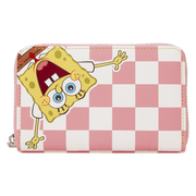 Front view of Loungefly SpongeBob and Patrick checkered wallet with SpongeBob artwork