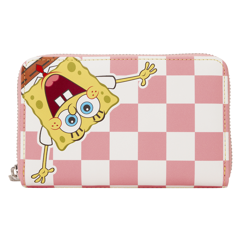 Front view of Loungefly SpongeBob and Patrick checkered wallet with SpongeBob artwork