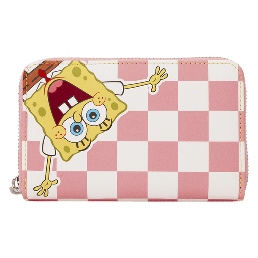 Front view of Loungefly SpongeBob and Patrick checkered wallet with SpongeBob artwork