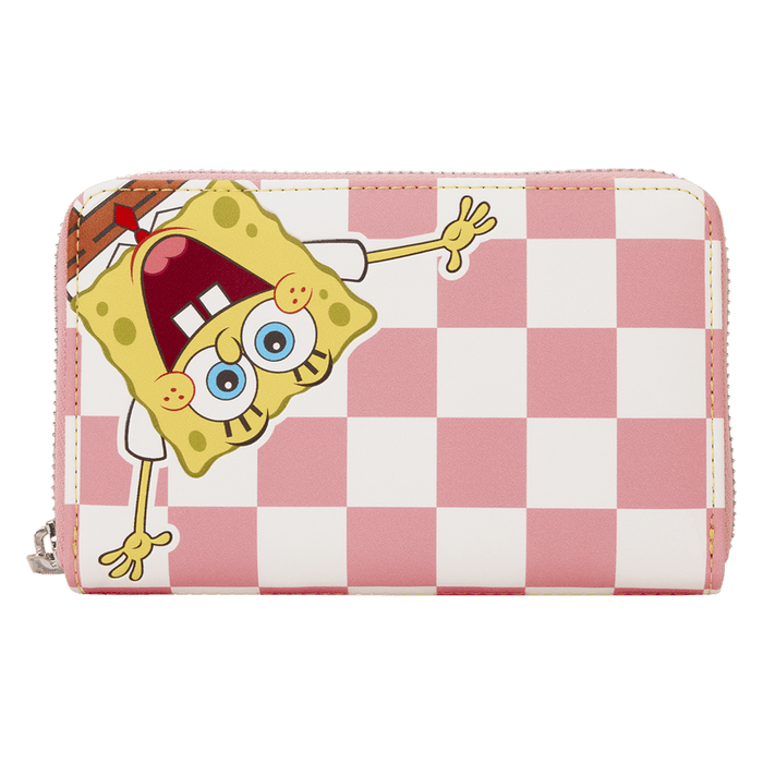 Front view of Loungefly SpongeBob and Patrick checkered wallet with SpongeBob artwork