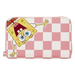 Front view of Loungefly SpongeBob and Patrick checkered wallet with SpongeBob artwork