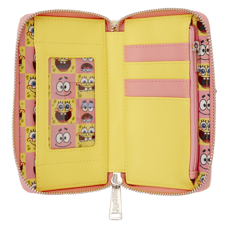 Open Loungefly SpongeBob and Patrick checkered wallet showing card slots and character lining