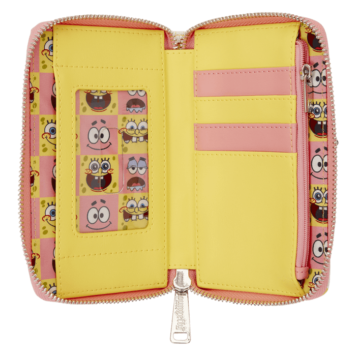 Open Loungefly SpongeBob and Patrick checkered wallet showing card slots and character lining