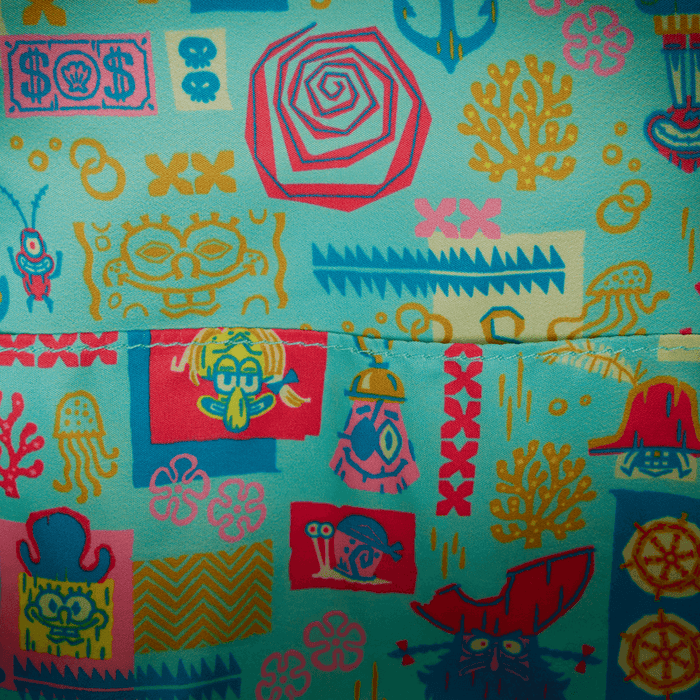 Inside lining of Loungefly SpongeBob mini backpack with teal nautical icons, doodles and character motifs