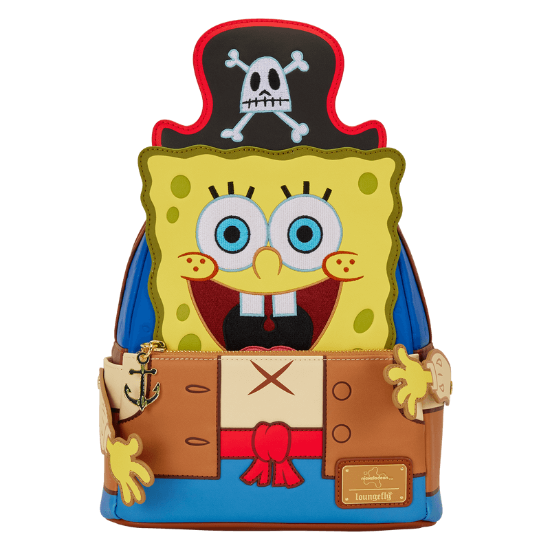 Loungefly SpongeBob pirate mini backpack front view featuring 3D arms, anchor charm and stitched costume front pocket