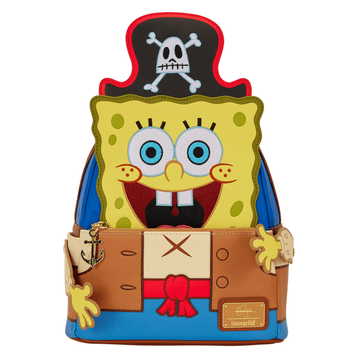 Loungefly SpongeBob pirate mini backpack front view featuring 3D arms, anchor charm and stitched costume front pocket