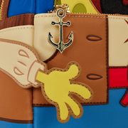 Close-up of Loungefly SpongeBob pirate mini backpack showing anchor zip charm and 3D glove hand detail