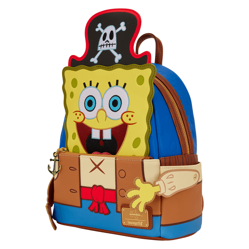 Angled view of Loungefly SpongeBob pirate mini backpack showing blue side panels, zip closure and pirate hat top