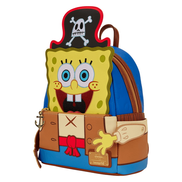 Angled view of Loungefly SpongeBob pirate mini backpack showing blue side panels, zip closure and pirate hat top